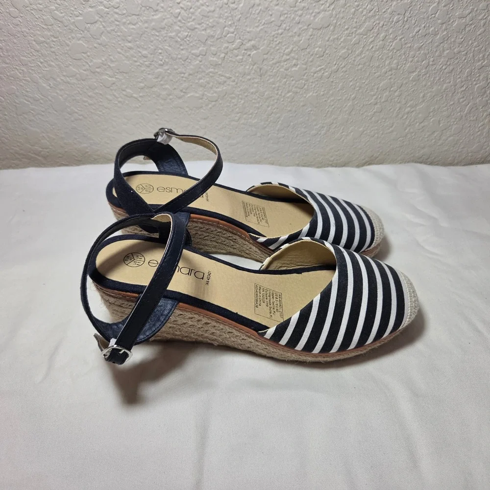 Esmara Navy Blue White Striped Espadrille Wedge Sandals Ankle Strap 8.5 403401
